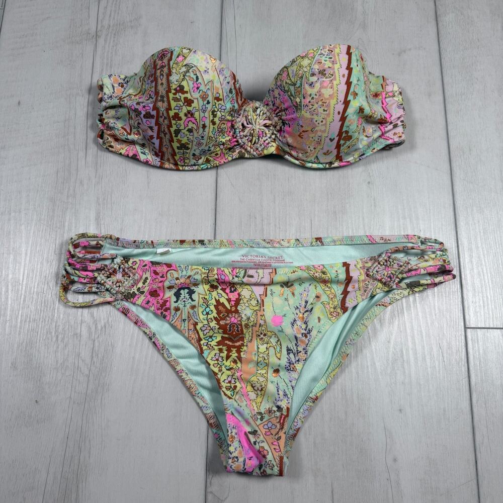 VIctoria’s Secret Green Pink Bikini Set Floral Women's 32c Small Padded 2015